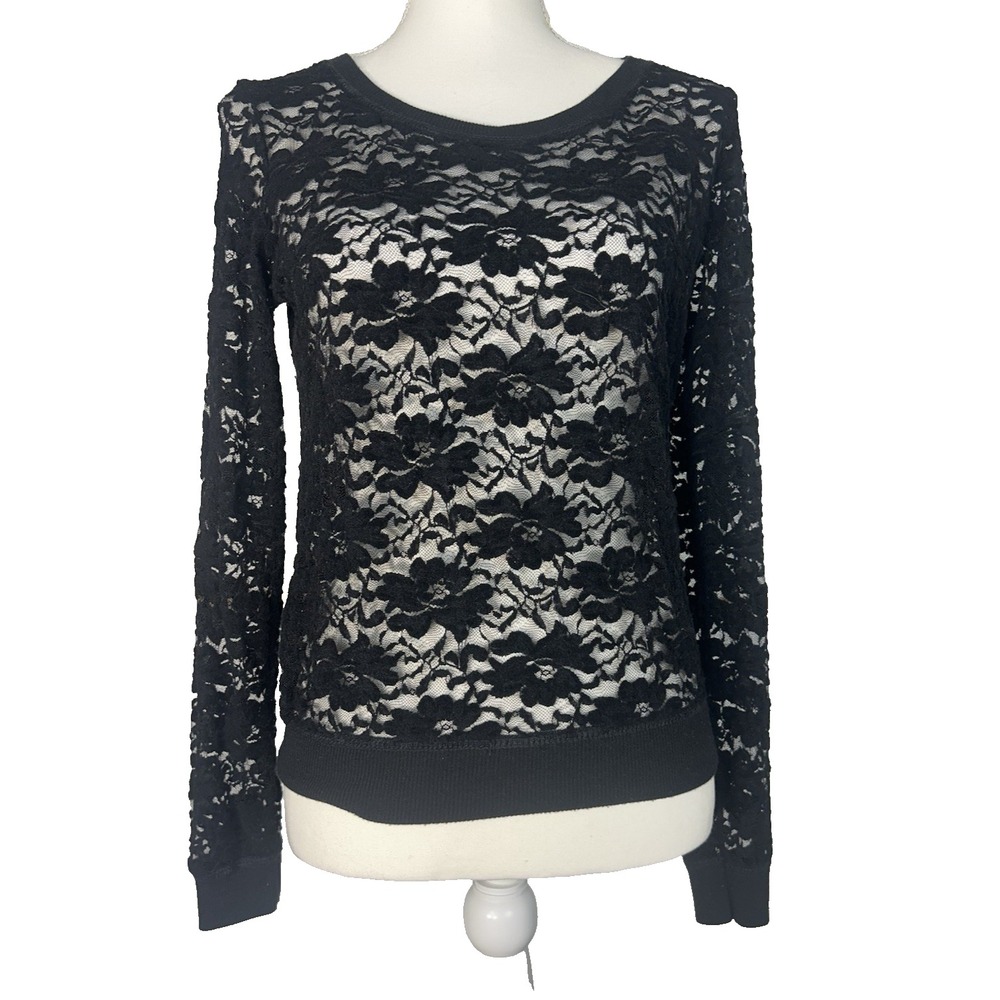 Lace Sheer Black Floral  Sz L Blouse  Long Sleeve Whimsigoth Goth Ren Faire Y2K